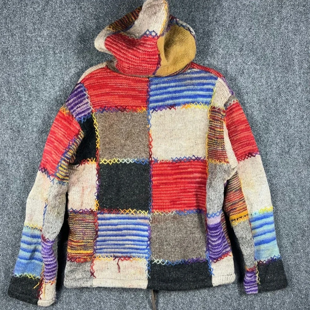 Nepal Wool Patchwork Zip Hoodie Unisex M Multicolor Fleece Lined Boho Jacket